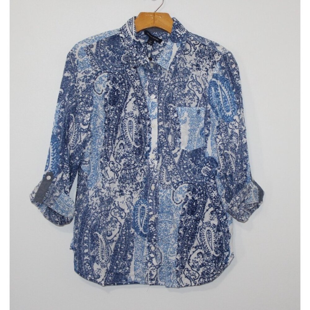 Tommy Hilfiger Blue Paisley Long Roll Tab Sleeve Button Up Blouse S NWT Flaw